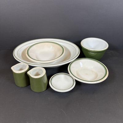 LOT 84: Vintage Wooden Recipe Box, White Iroquois China, Buffalo China, Green Creamers & Custard Cup, Chef Recipe Tin &n More