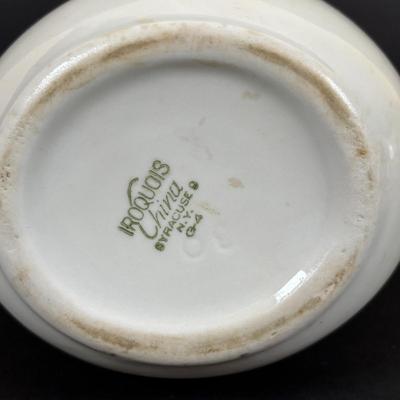 LOT 84: Vintage Wooden Recipe Box, White Iroquois China, Buffalo China, Green Creamers & Custard Cup, Chef Recipe Tin &n More