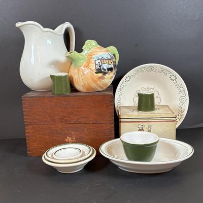 LOT 84: Vintage Wooden Recipe Box, White Iroquois China, Buffalo China, Green Creamers & Custard Cup, Chef Recipe Tin &n More