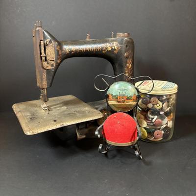 LOT 87: Vintage Singer Sewing Machine, Button & Souvenir Rocking Chair Pin Cushion