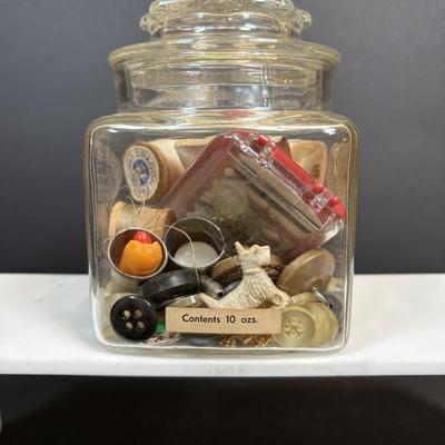 LOT 88: Antique Toy Sewing Machine Made in Germany, Sewing Notions & Button Shelf Sitter Doll