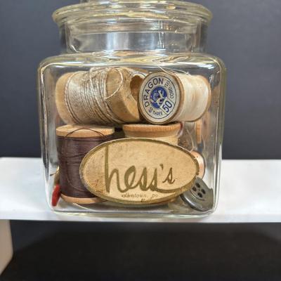 LOT 88: Antique Toy Sewing Machine Made in Germany, Sewing Notions & Button Shelf Sitter Doll