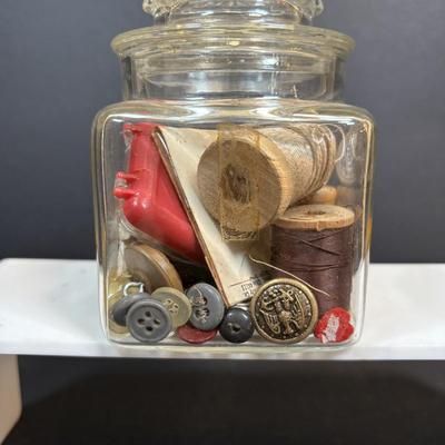 LOT 88: Antique Toy Sewing Machine Made in Germany, Sewing Notions & Button Shelf Sitter Doll