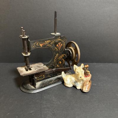 LOT 94: Made in Germany Hand Crank Toy Sewing Machine & Miniature China Dog Pin Cushion