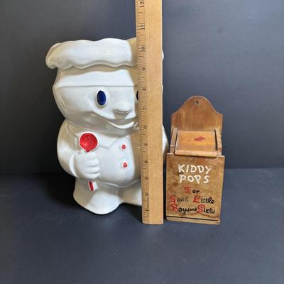 LOT 95: Vintage McCoy Pillsbury Dough Boy "Bobby the Baker" Ceramic Cookie Jar & Norcrest Lollipop Holder