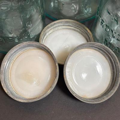 LOT 96: Kitchen Collection: Vintage Mason (2) & Atlas (1) Canning Jars w/Zinc Lids & Milk Glass Inserts, Ricer, French Fry Maker...