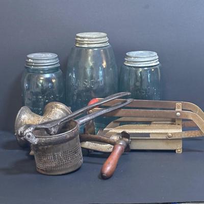 LOT 96: Kitchen Collection: Vintage Mason (2) & Atlas (1) Canning Jars w/Zinc Lids & Milk Glass Inserts, Ricer, French Fry Maker...