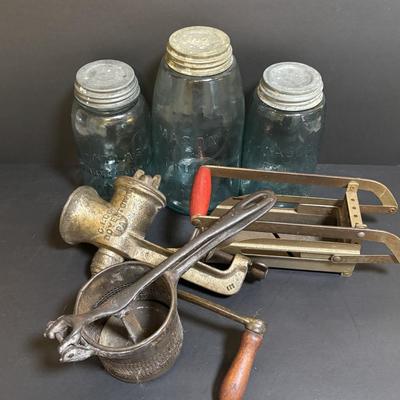 LOT 96: Kitchen Collection: Vintage Mason (2) & Atlas (1) Canning Jars w/Zinc Lids & Milk Glass Inserts, Ricer, French Fry Maker...