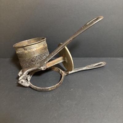 LOT 96: Kitchen Collection: Vintage Mason (2) & Atlas (1) Canning Jars w/Zinc Lids & Milk Glass Inserts, Ricer, French Fry Maker...