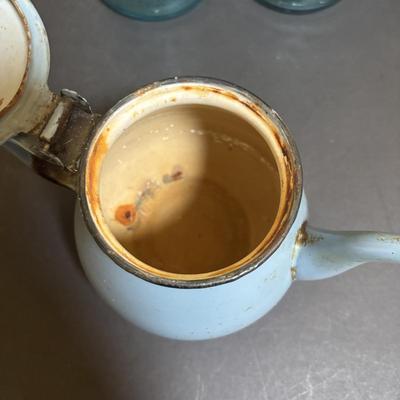 LOT 97: Vintage Red & Blue Enamel Teapots, Ball Canning Jars w/Zinc Lids & Milk Glass Inserts, White Homer Laughlin China,...