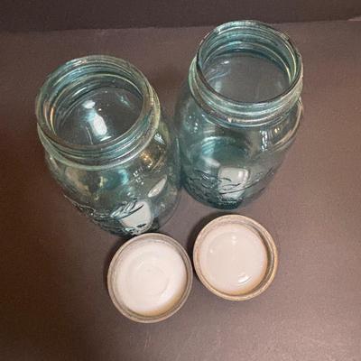 LOT 97: Vintage Red & Blue Enamel Teapots, Ball Canning Jars w/Zinc Lids & Milk Glass Inserts, White Homer Laughlin China,...