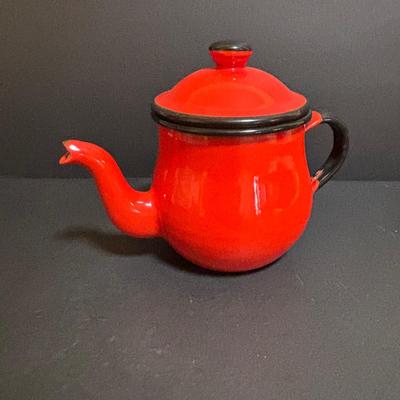 LOT 97: Vintage Red & Blue Enamel Teapots, Ball Canning Jars w/Zinc Lids & Milk Glass Inserts, White Homer Laughlin China,...