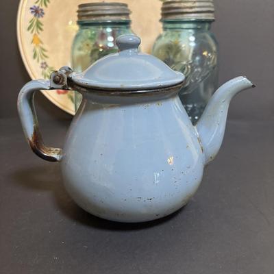 LOT 97: Vintage Red & Blue Enamel Teapots, Ball Canning Jars w/Zinc Lids & Milk Glass Inserts, White Homer Laughlin China,...