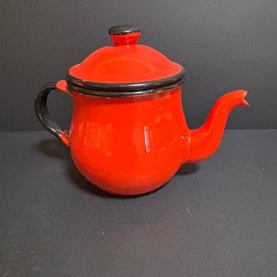 LOT 97: Vintage Red & Blue Enamel Teapots, Ball Canning Jars w/Zinc Lids & Milk Glass Inserts, White Homer Laughlin China,...