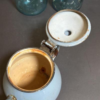 LOT 97: Vintage Red & Blue Enamel Teapots, Ball Canning Jars w/Zinc Lids & Milk Glass Inserts, White Homer Laughlin China,...