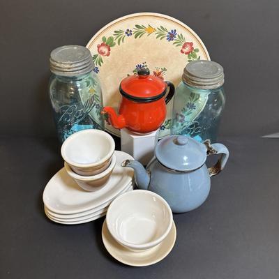 LOT 97: Vintage Red & Blue Enamel Teapots, Ball Canning Jars w/Zinc Lids & Milk Glass Inserts, White Homer Laughlin China,...