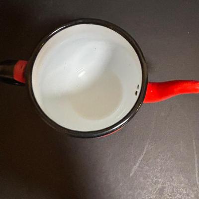 LOT 97: Vintage Red & Blue Enamel Teapots, Ball Canning Jars w/Zinc Lids & Milk Glass Inserts, White Homer Laughlin China,...