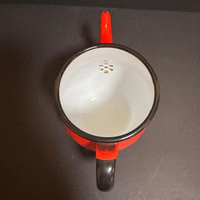 LOT 97: Vintage Red & Blue Enamel Teapots, Ball Canning Jars w/Zinc Lids & Milk Glass Inserts, White Homer Laughlin China,...