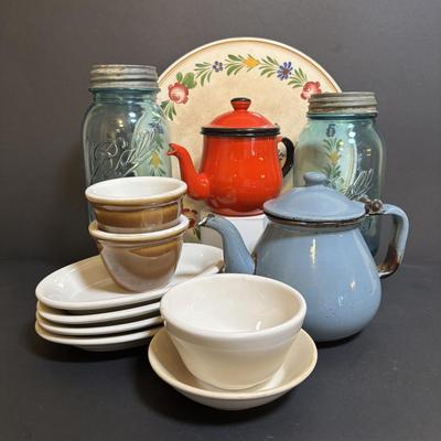 LOT 97: Vintage Red & Blue Enamel Teapots, Ball Canning Jars w/Zinc Lids & Milk Glass Inserts, White Homer Laughlin China,...