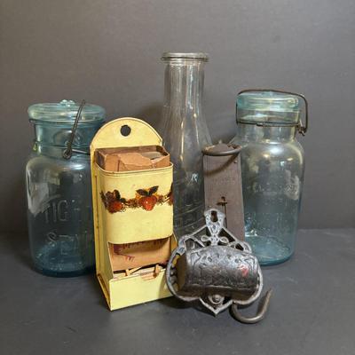 LOT 98: Vintage Canning Jars & Valley Dairy Milk Bottle, Pocket Balance Hanging Scale made in Germany, Iron Wall Match Holder &...