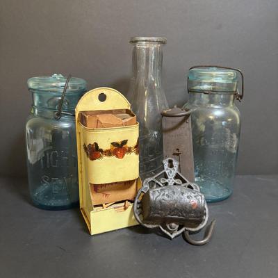 LOT 98: Vintage Canning Jars & Valley Dairy Milk Bottle, Pocket Balance Hanging Scale made in Germany, Iron Wall Match Holder &...