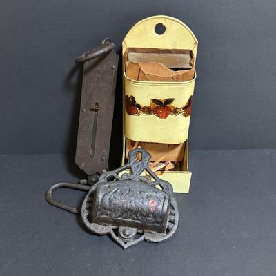 LOT 98: Vintage Canning Jars & Valley Dairy Milk Bottle, Pocket Balance Hanging Scale made in Germany, Iron Wall Match Holder &...