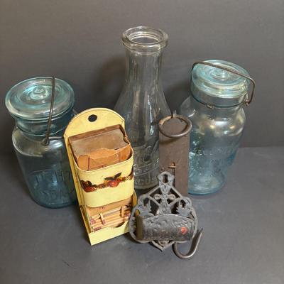 LOT 98: Vintage Canning Jars & Valley Dairy Milk Bottle, Pocket Balance Hanging Scale made in Germany, Iron Wall Match Holder &...