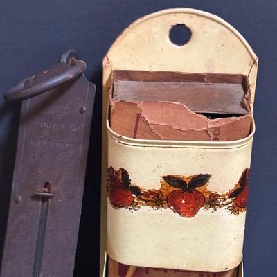LOT 98: Vintage Canning Jars & Valley Dairy Milk Bottle, Pocket Balance Hanging Scale made in Germany, Iron Wall Match Holder &...