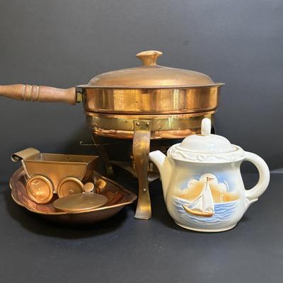 LOT 100: MCM Brass & Copper Chafing Dish/Fondue Set, Porcelier Vitreous Hand Decorated Teapot & More