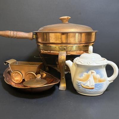 LOT 100: MCM Brass & Copper Chafing Dish/Fondue Set, Porcelier Vitreous Hand Decorated Teapot & More
