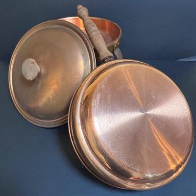 LOT 100: MCM Brass & Copper Chafing Dish/Fondue Set, Porcelier Vitreous Hand Decorated Teapot & More