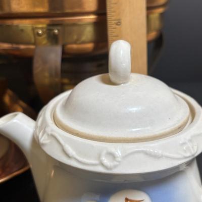 LOT 100: MCM Brass & Copper Chafing Dish/Fondue Set, Porcelier Vitreous Hand Decorated Teapot & More