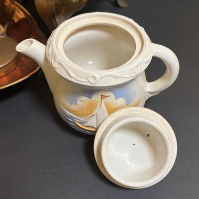 LOT 100: MCM Brass & Copper Chafing Dish/Fondue Set, Porcelier Vitreous Hand Decorated Teapot & More