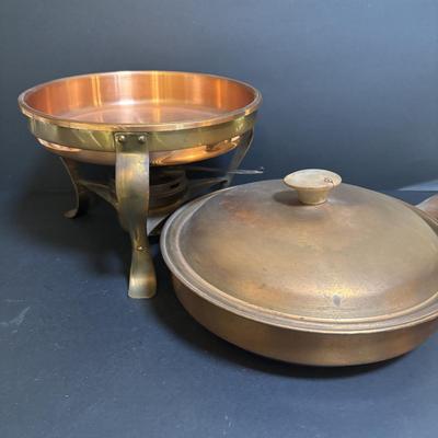 LOT 100: MCM Brass & Copper Chafing Dish/Fondue Set, Porcelier Vitreous Hand Decorated Teapot & More