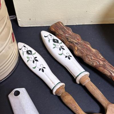 LOT 102: Vintage West Bend Nesting Aluminum Canister Set, Sifter and Kitchen Utensils/Gadgets, Wooden Wall Box & More