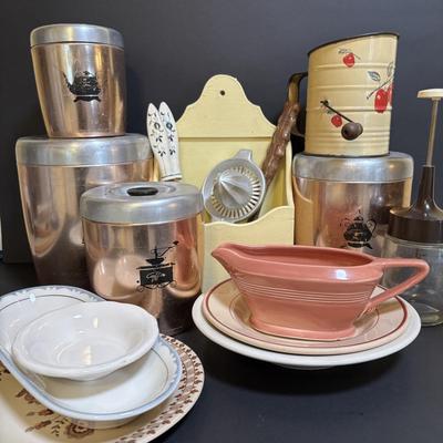 LOT 102: Vintage West Bend Nesting Aluminum Canister Set, Sifter and Kitchen Utensils/Gadgets, Wooden Wall Box & More