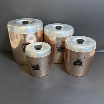 LOT 102: Vintage West Bend Nesting Aluminum Canister Set, Sifter and Kitchen Utensils/Gadgets, Wooden Wall Box & More