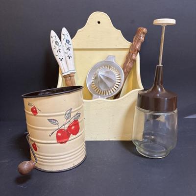 LOT 102: Vintage West Bend Nesting Aluminum Canister Set, Sifter and Kitchen Utensils/Gadgets, Wooden Wall Box & More