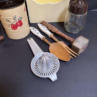 LOT 102: Vintage West Bend Nesting Aluminum Canister Set, Sifter and Kitchen Utensils/Gadgets, Wooden Wall Box & More