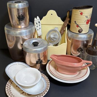 LOT 102: Vintage West Bend Nesting Aluminum Canister Set, Sifter and Kitchen Utensils/Gadgets, Wooden Wall Box & More