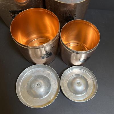 LOT 102: Vintage West Bend Nesting Aluminum Canister Set, Sifter and Kitchen Utensils/Gadgets, Wooden Wall Box & More