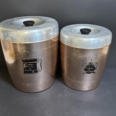 LOT 102: Vintage West Bend Nesting Aluminum Canister Set, Sifter and Kitchen Utensils/Gadgets, Wooden Wall Box & More