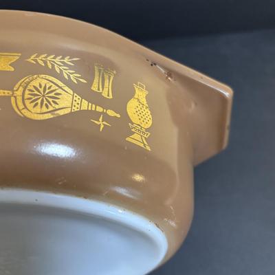 LOT 103: Pyrex Collection: Hamilton Beach White Mixing Bowl, Golden Hearts Casserole w/Warming Cradle, Early American Casserole Dish...