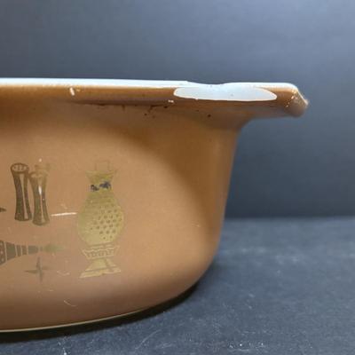 LOT 103: Pyrex Collection: Hamilton Beach White Mixing Bowl, Golden Hearts Casserole w/Warming Cradle, Early American Casserole Dish...