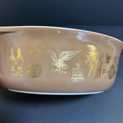 LOT 103: Pyrex Collection: Hamilton Beach White Mixing Bowl, Golden Hearts Casserole w/Warming Cradle, Early American Casserole Dish...