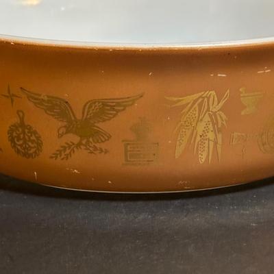 LOT 103: Pyrex Collection: Hamilton Beach White Mixing Bowl, Golden Hearts Casserole w/Warming Cradle, Early American Casserole Dish...