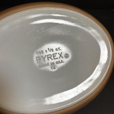 LOT 103: Pyrex Collection: Hamilton Beach White Mixing Bowl, Golden Hearts Casserole w/Warming Cradle, Early American Casserole Dish...