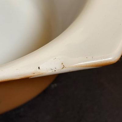 LOT 103: Pyrex Collection: Hamilton Beach White Mixing Bowl, Golden Hearts Casserole w/Warming Cradle, Early American Casserole Dish...