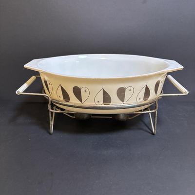 LOT 103: Pyrex Collection: Hamilton Beach White Mixing Bowl, Golden Hearts Casserole w/Warming Cradle, Early American Casserole Dish...