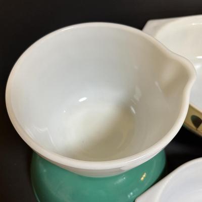 LOT 103: Pyrex Collection: Hamilton Beach White Mixing Bowl, Golden Hearts Casserole w/Warming Cradle, Early American Casserole Dish...